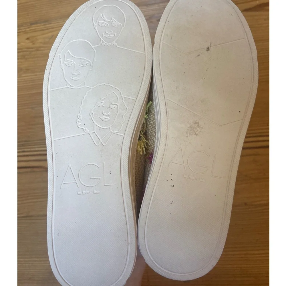 AGL Floral Embroidered Sneakers Women Beige Raffia Low Top Italy SIZE 38.5